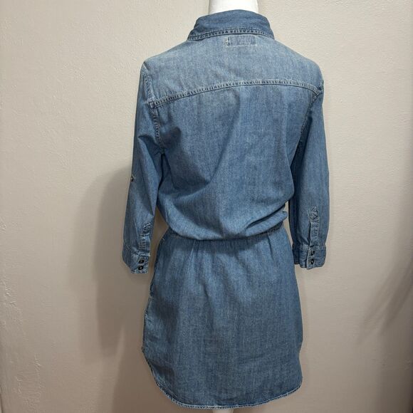 Denim Mini Shirt Dress Womens L Drawstring Waist Western Coastal Cowgirl Pockets - Picture 4 of 8